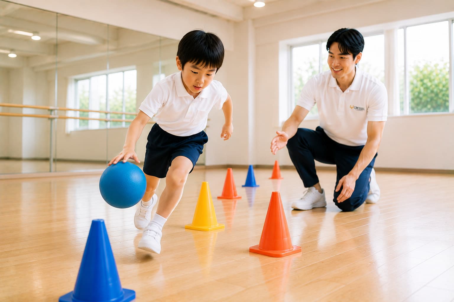 マンツーマンでボール運動を指導する小学校受験体操レッスン